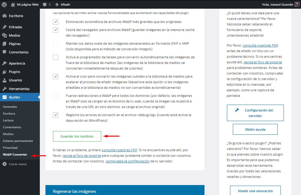 Interfaz de WEBP señalando el botón "Guardar Cambios"